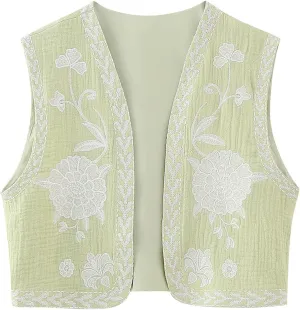 Women Vintage Floral Embroidered Vest Y2K Sleeveless Open Front Cardigan Boho Linen Cropped Waistcoat