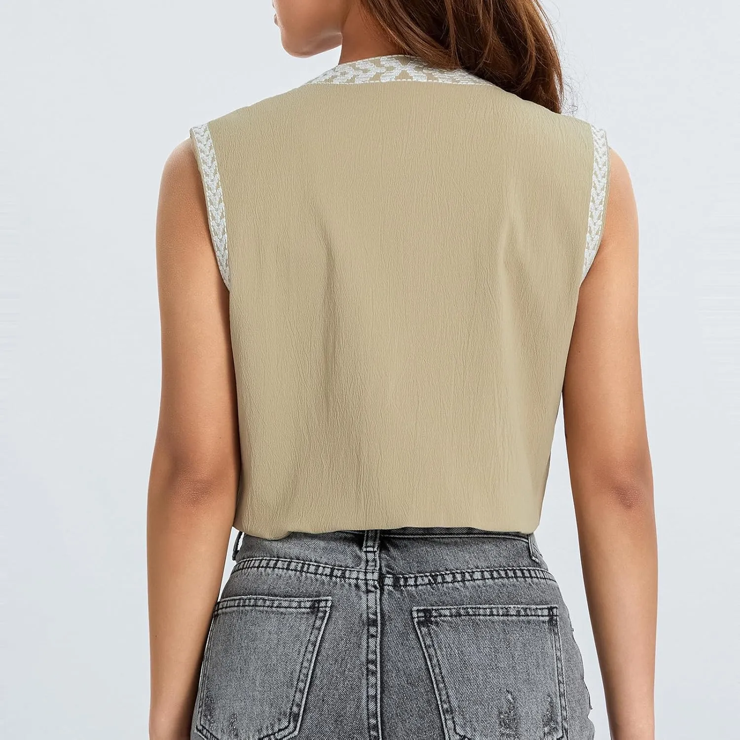 Women Vintage Floral Embroidered Vest Y2K Sleeveless Open Front Cardigan Boho Linen Cropped Waistcoat
