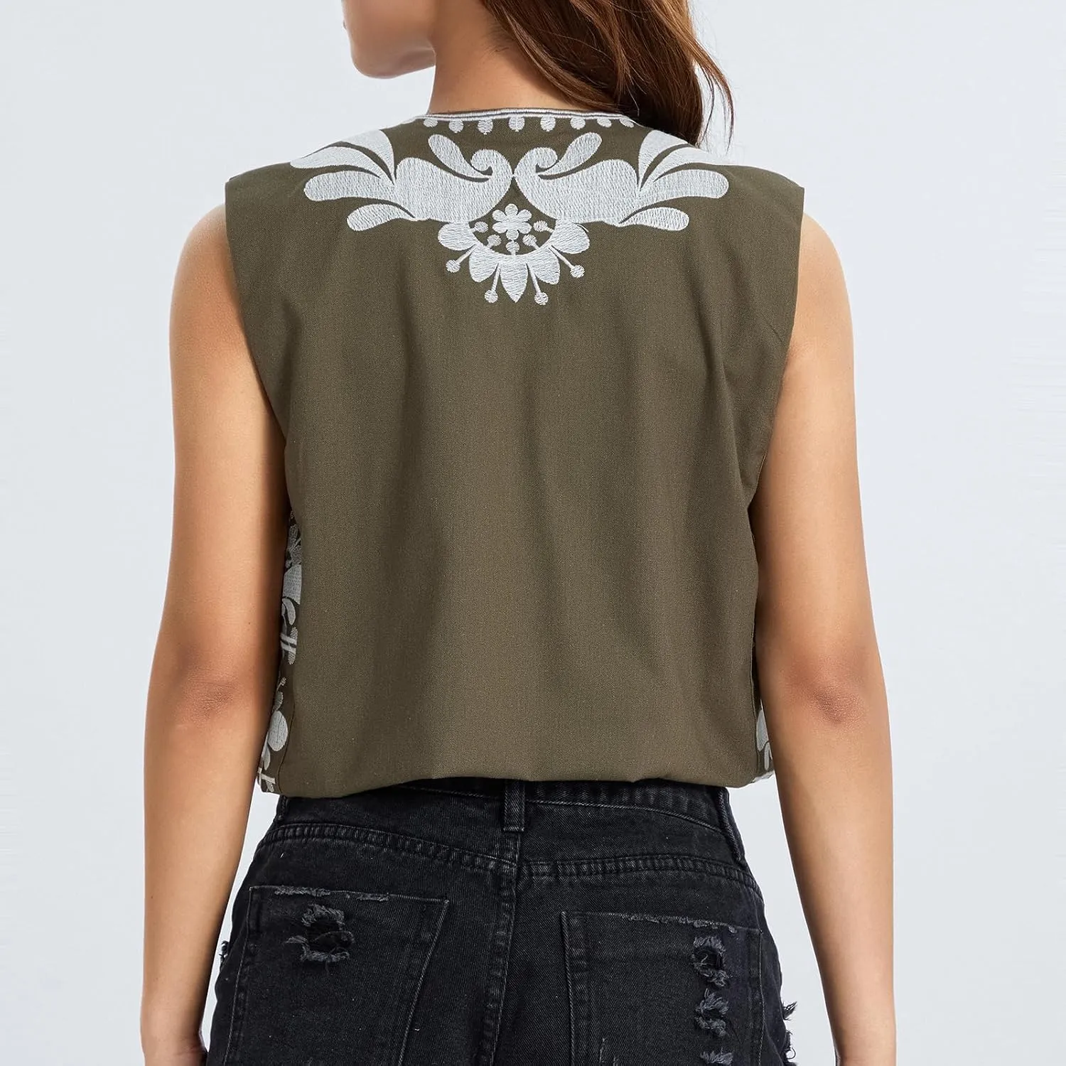 Women Vintage Floral Embroidered Vest Y2K Sleeveless Open Front Cardigan Boho Linen Cropped Waistcoat