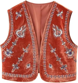 Women Vintage Floral Embroidered Vest Y2K Sleeveless Open Front Cardigan Boho Linen Cropped Waistcoat