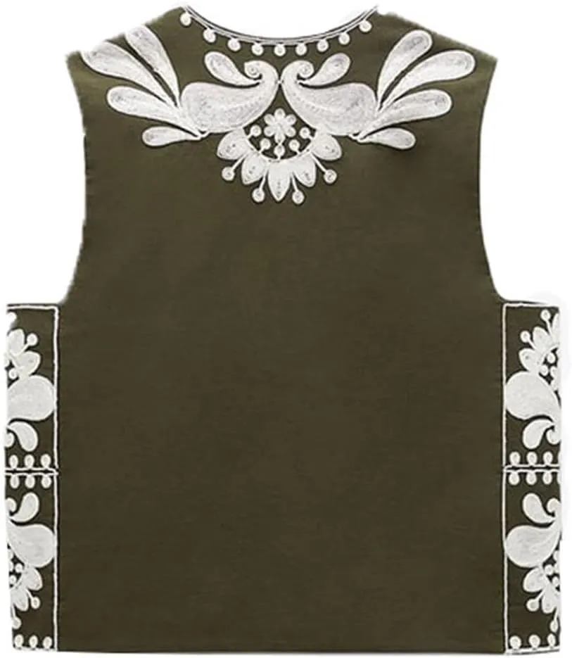 Women Vintage Floral Embroidered Vest Y2K Sleeveless Open Front Cardigan Boho Linen Cropped Waistcoat