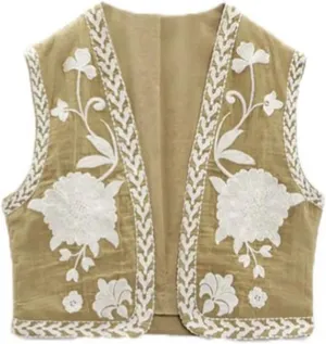 Women Vintage Floral Embroidered Vest Y2K Sleeveless Open Front Cardigan Boho Linen Cropped Waistcoat