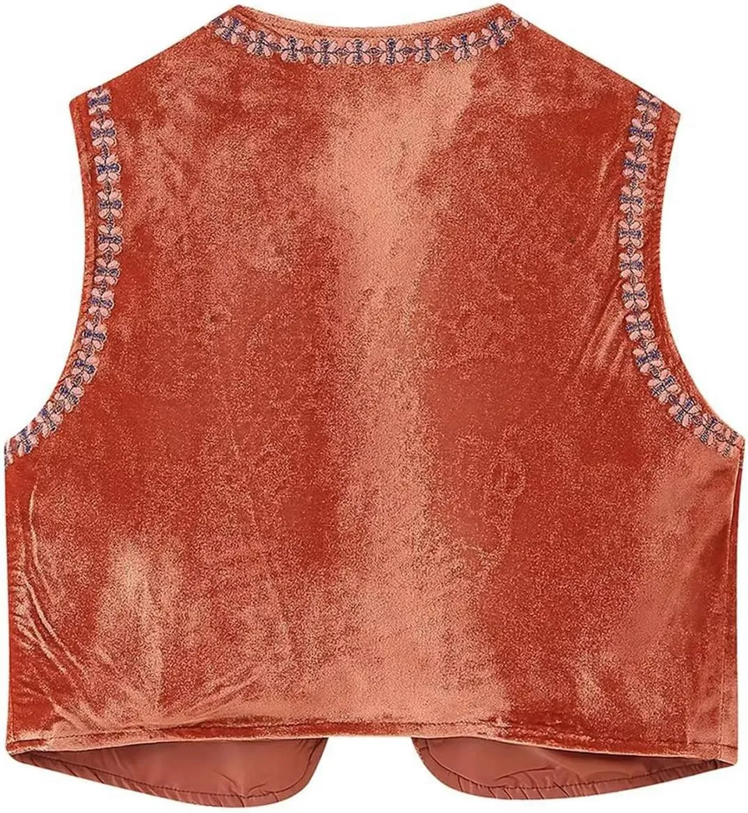 Women Vintage Floral Embroidered Vest Y2K Sleeveless Open Front Cardigan Boho Linen Cropped Waistcoat