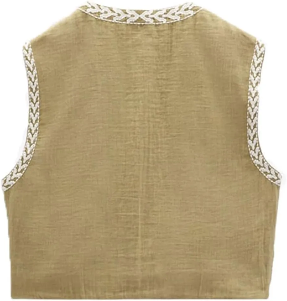 Women Vintage Floral Embroidered Vest Y2K Sleeveless Open Front Cardigan Boho Linen Cropped Waistcoat