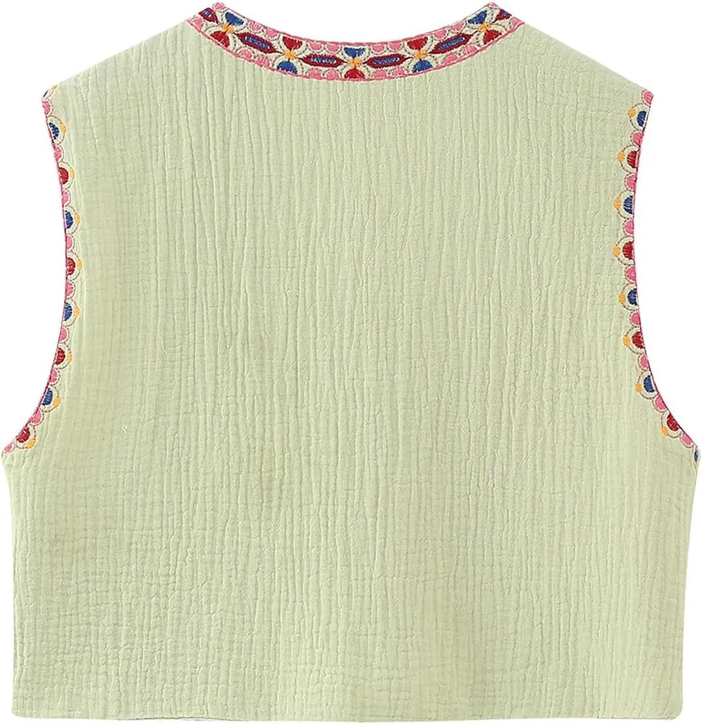 Women Vintage Floral Embroidered Vest Y2K Sleeveless Open Front Cardigan Boho Linen Cropped Waistcoat