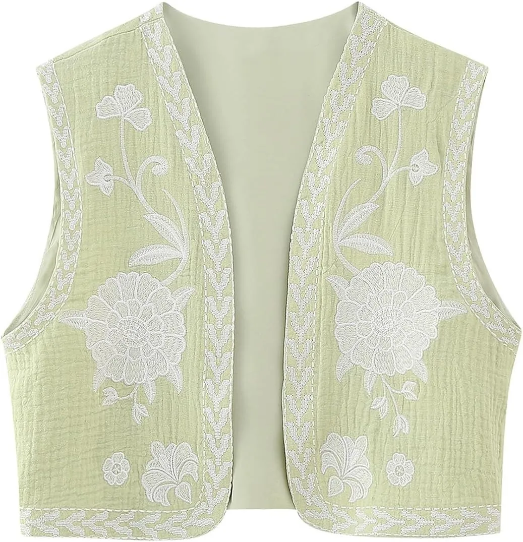 Women Vintage Floral Embroidered Vest Y2K Sleeveless Open Front Cardigan Boho Linen Cropped Waistcoat