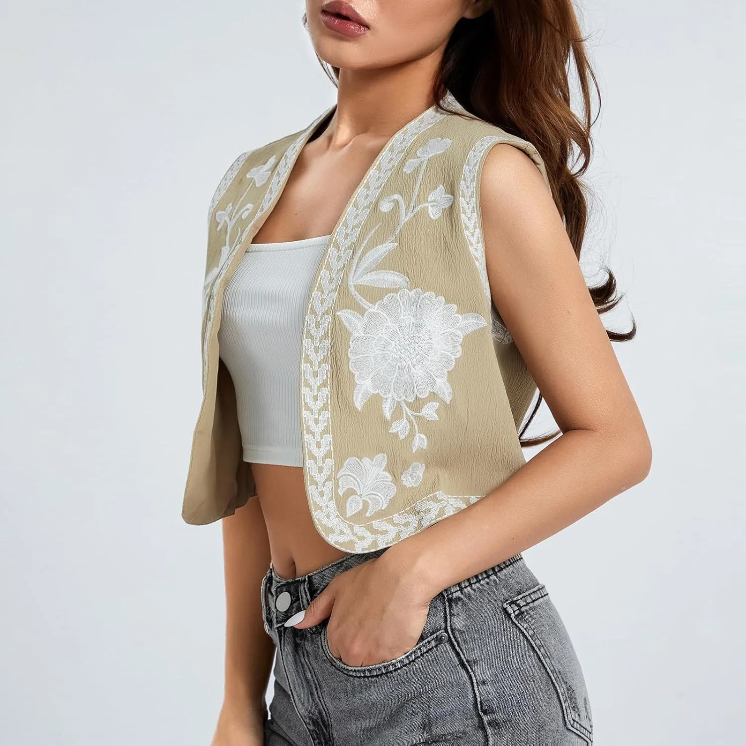 Women Vintage Floral Embroidered Vest Y2K Sleeveless Open Front Cardigan Boho Linen Cropped Waistcoat