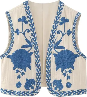 Women Vintage Floral Embroidered Vest Y2K Sleeveless Open Front Cardigan Boho Linen Cropped Waistcoat