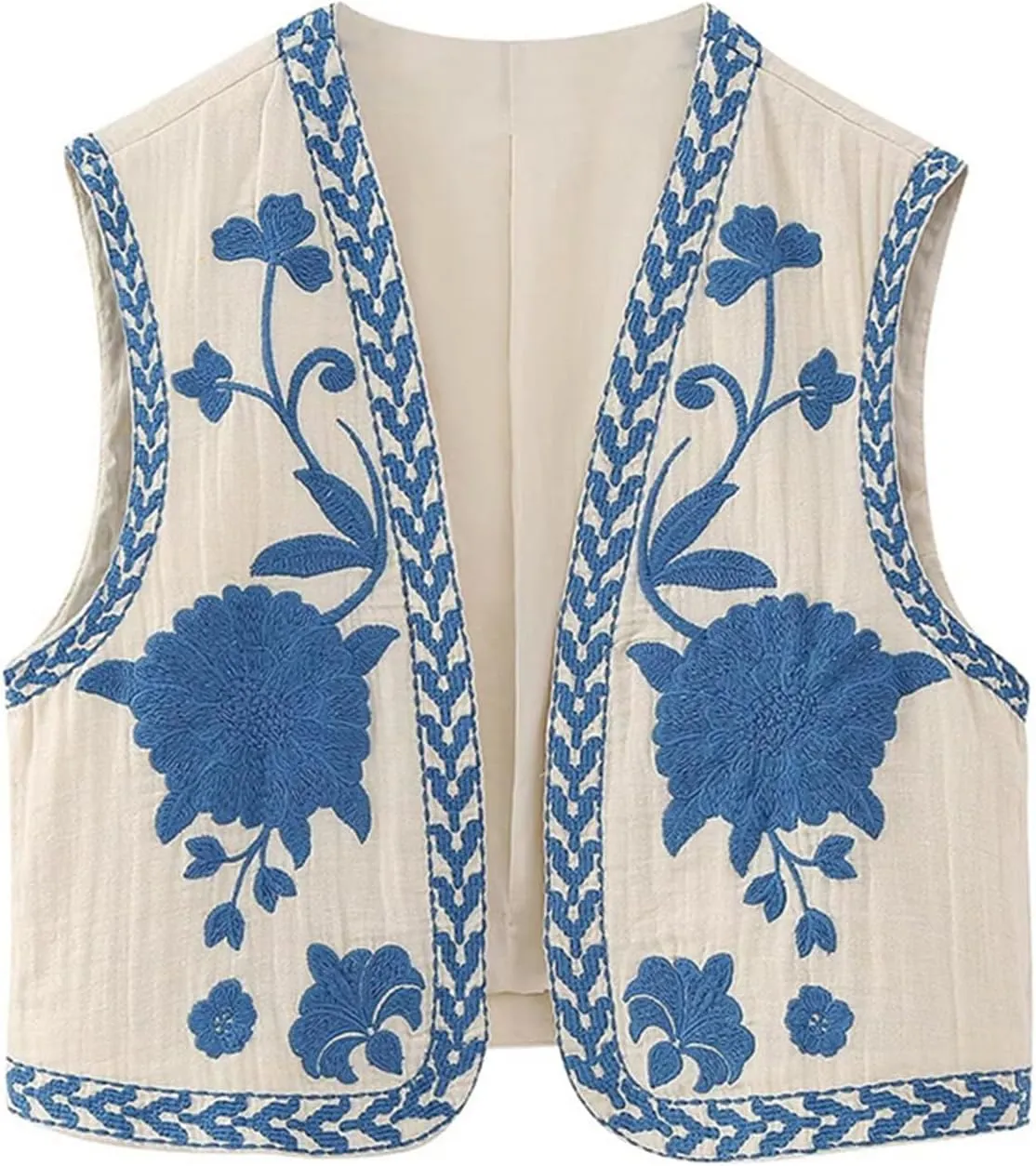 Women Vintage Floral Embroidered Vest Y2K Sleeveless Open Front Cardigan Boho Linen Cropped Waistcoat