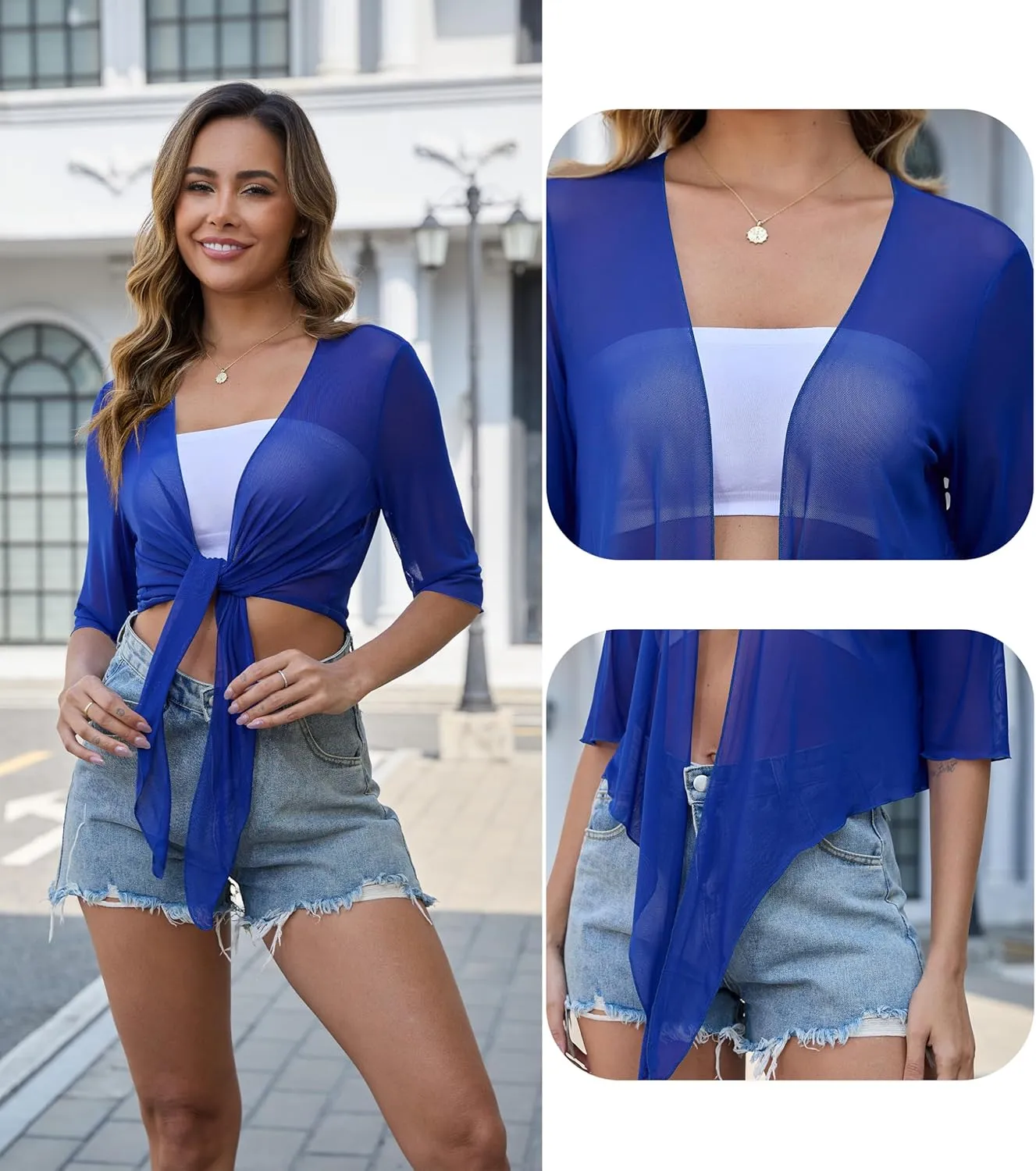 Womens 3/4 Sleeve Shrug Sheer Mesh Cardigans Tie Front Cropped Lightweight Bolero Shawl Top for Casual Going Out