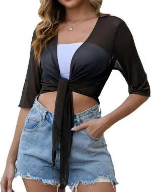 Womens 3/4 Sleeve Shrug Sheer Mesh Cardigans Tie Front Cropped Lightweight Bolero Shawl Top for Casual Going Out