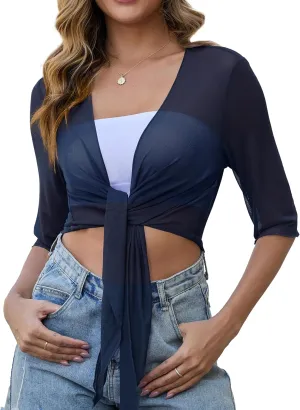 Womens 3/4 Sleeve Shrug Sheer Mesh Cardigans Tie Front Cropped Lightweight Bolero Shawl Top for Casual Going Out