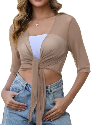 Womens 3/4 Sleeve Shrug Sheer Mesh Cardigans Tie Front Cropped Lightweight Bolero Shawl Top for Casual Going Out
