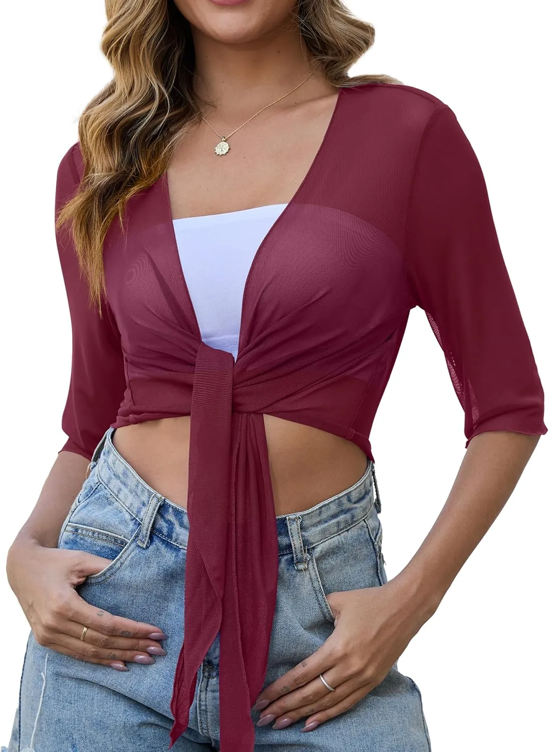 Womens 3/4 Sleeve Shrug Sheer Mesh Cardigans Tie Front Cropped Lightweight Bolero Shawl Top for Casual Going Out