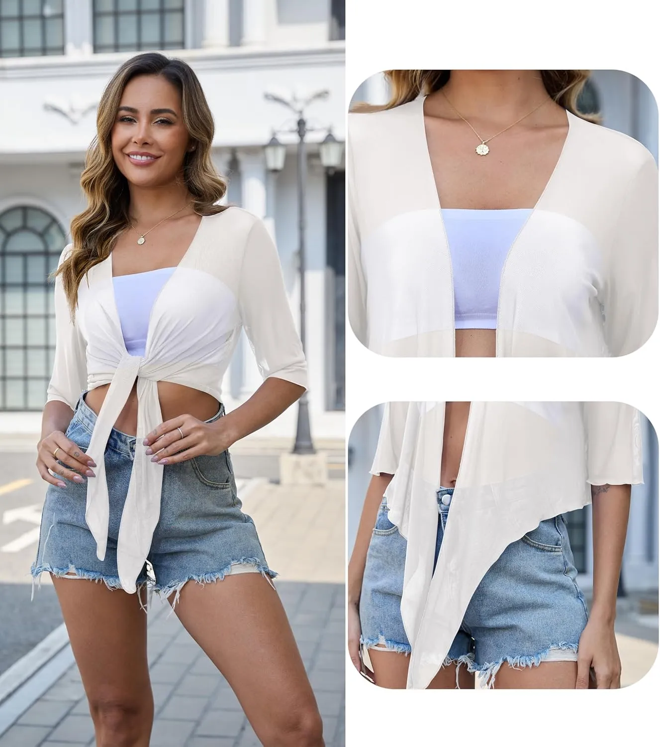 Womens 3/4 Sleeve Shrug Sheer Mesh Cardigans Tie Front Cropped Lightweight Bolero Shawl Top for Casual Going Out