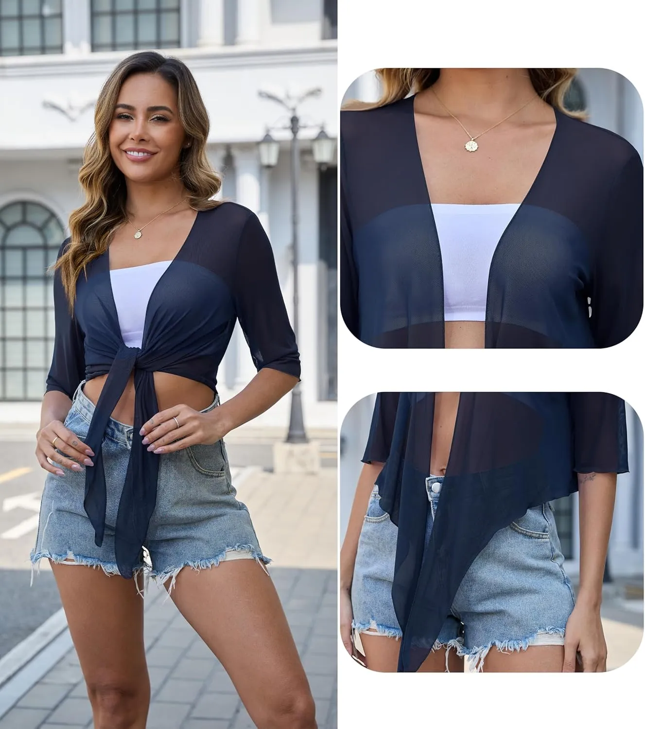 Womens 3/4 Sleeve Shrug Sheer Mesh Cardigans Tie Front Cropped Lightweight Bolero Shawl Top for Casual Going Out