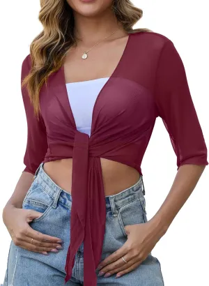 Womens 3/4 Sleeve Shrug Sheer Mesh Cardigans Tie Front Cropped Lightweight Bolero Shawl Top for Casual Going Out