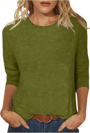 Womens 3/4 Sleeve T-Shirt Plain Pullover Tops Cozy Crewneck Casual Top Three Quarter Length Sleeve T Shirt Soft Basic Blouse