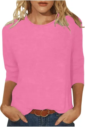 Womens 3/4 Sleeve T-Shirt Plain Pullover Tops Cozy Crewneck Casual Top Three Quarter Length Sleeve T Shirt Soft Basic Blouse