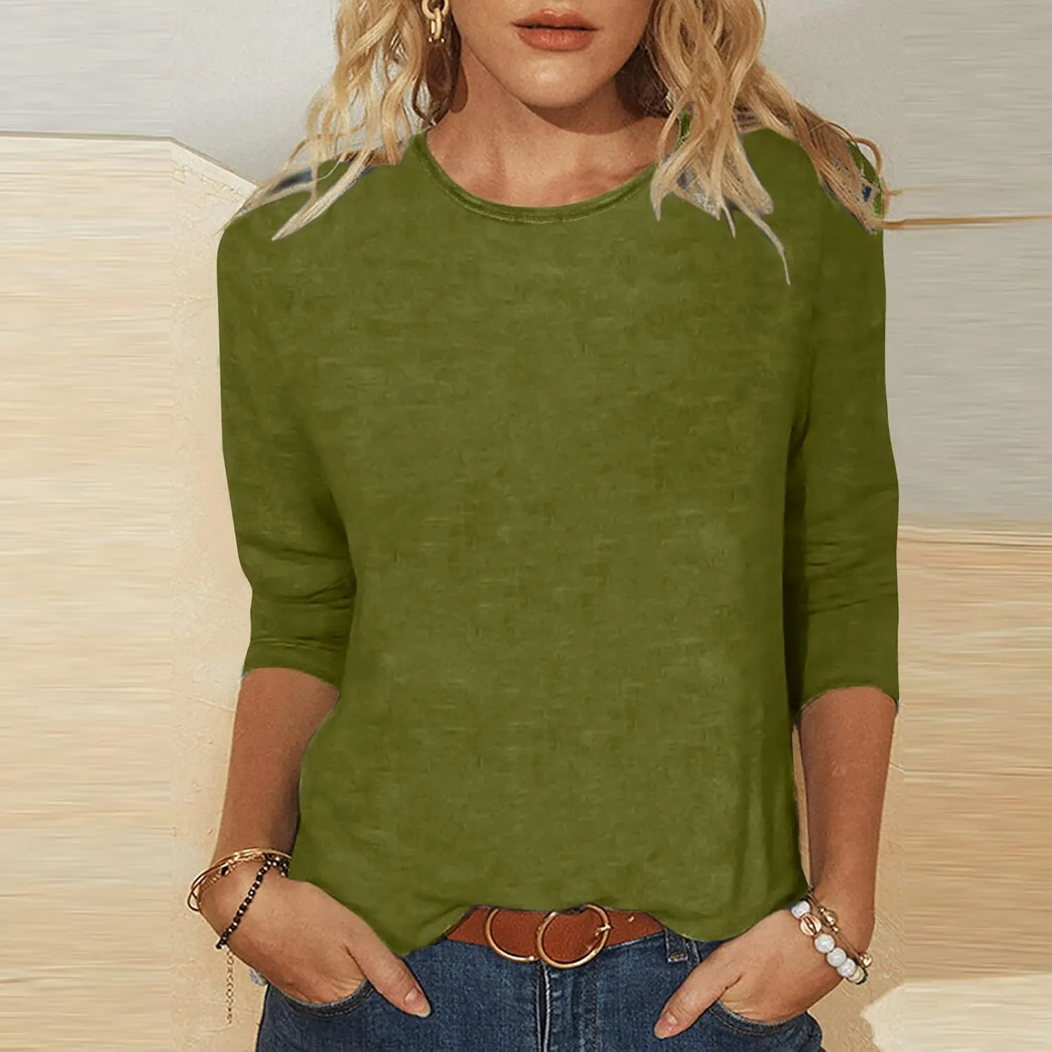 Womens 3/4 Sleeve T-Shirt Plain Pullover Tops Cozy Crewneck Casual Top Three Quarter Length Sleeve T Shirt Soft Basic Blouse
