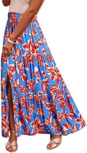 Womens Boho Skirts Summer Split Maxi Skirt Floral Print Bohemian Beach Elegant Tiered Ruffle Half Dress