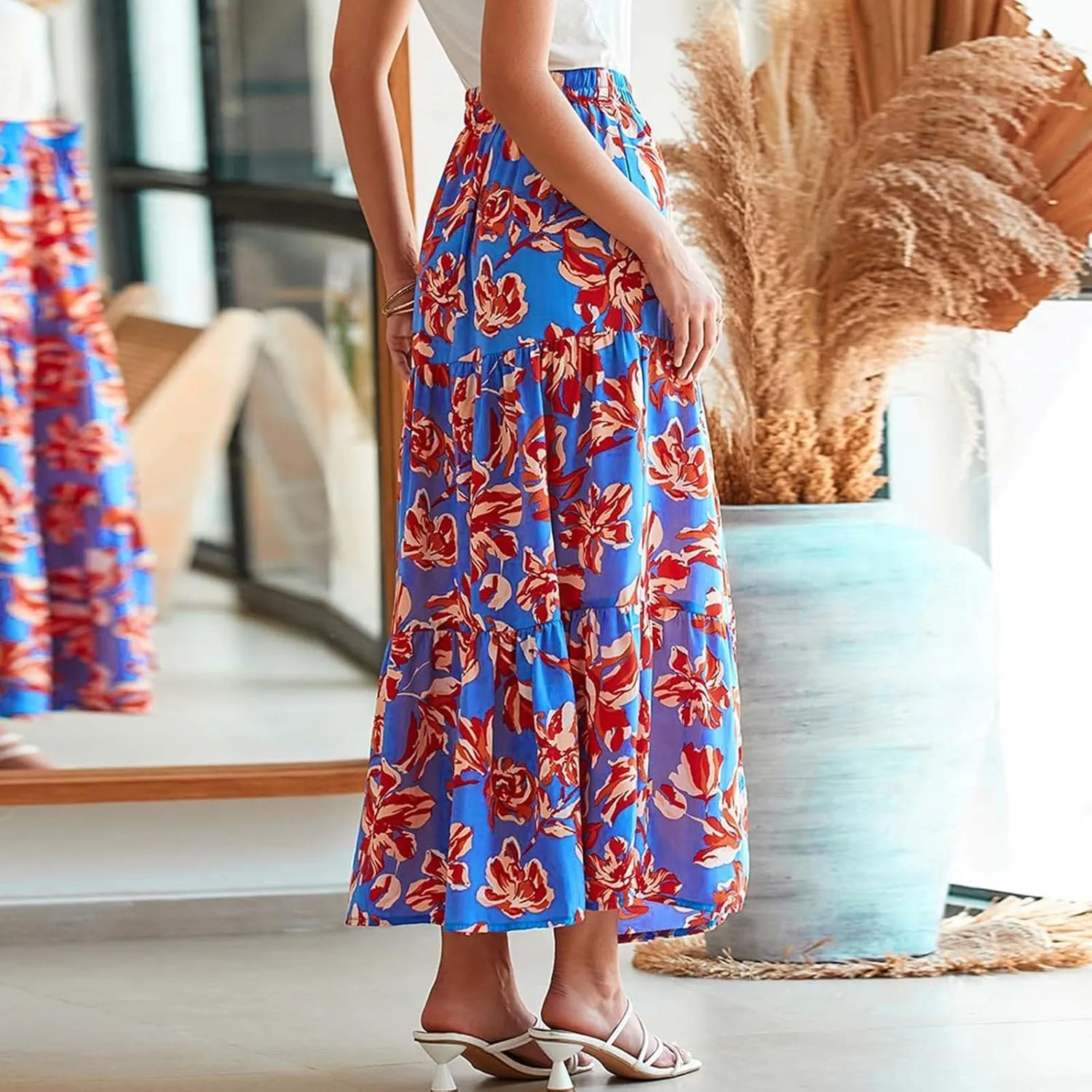 Womens Boho Skirts Summer Split Maxi Skirt Floral Print Bohemian Beach Elegant Tiered Ruffle Half Dress
