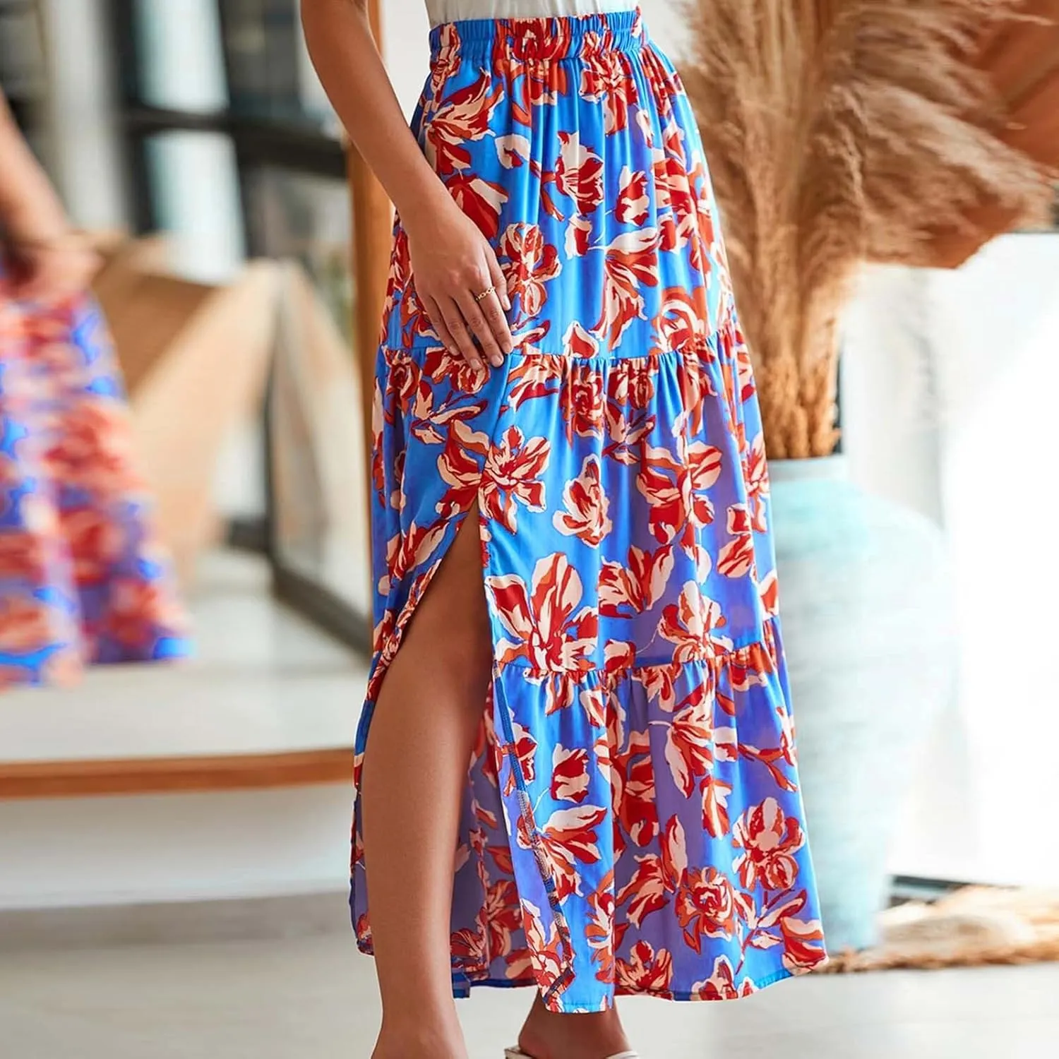 Womens Boho Skirts Summer Split Maxi Skirt Floral Print Bohemian Beach Elegant Tiered Ruffle Half Dress