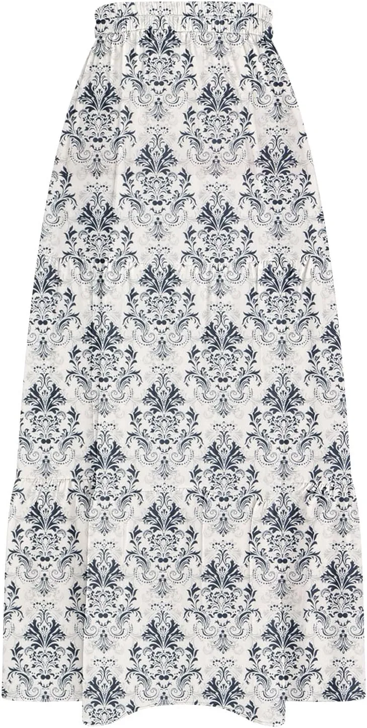 Womens Boho Skirts Summer Split Maxi Skirt Floral Print Bohemian Beach Elegant Tiered Ruffle Half Dress