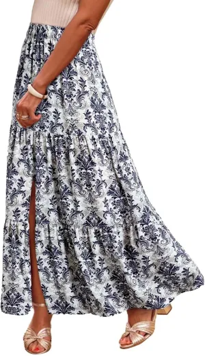 Womens Boho Skirts Summer Split Maxi Skirt Floral Print Bohemian Beach Elegant Tiered Ruffle Half Dress