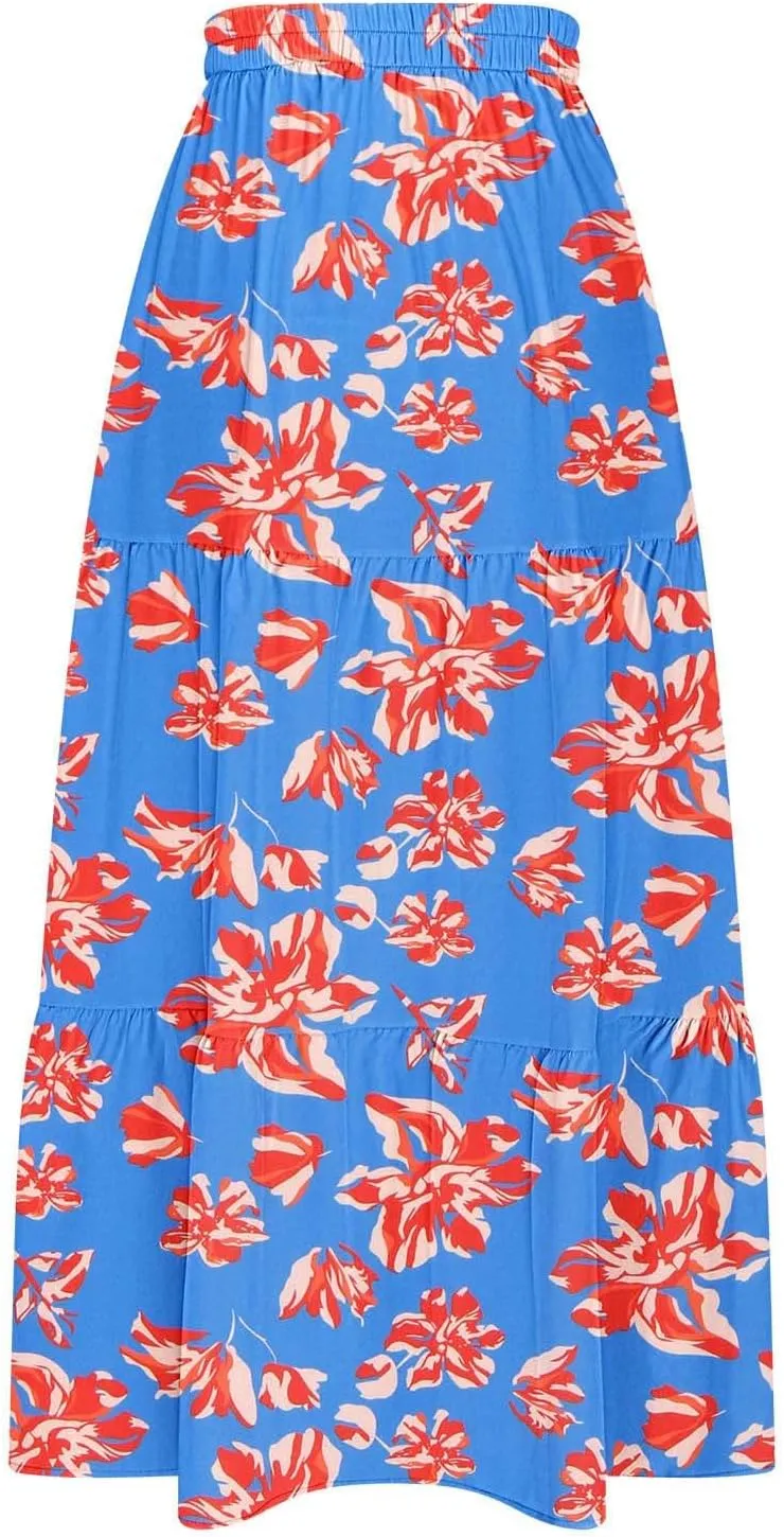 Womens Boho Skirts Summer Split Maxi Skirt Floral Print Bohemian Beach Elegant Tiered Ruffle Half Dress