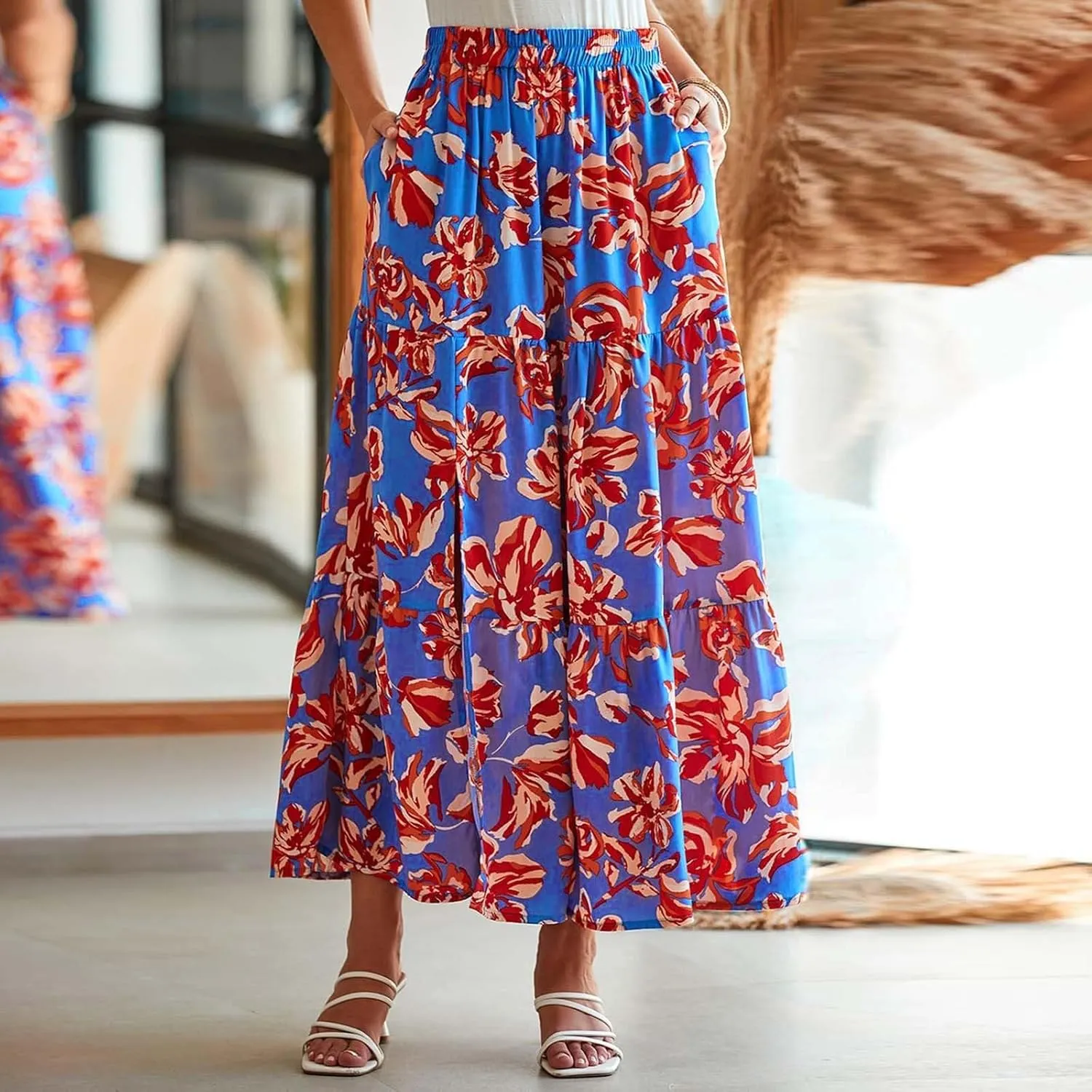 Womens Boho Skirts Summer Split Maxi Skirt Floral Print Bohemian Beach Elegant Tiered Ruffle Half Dress