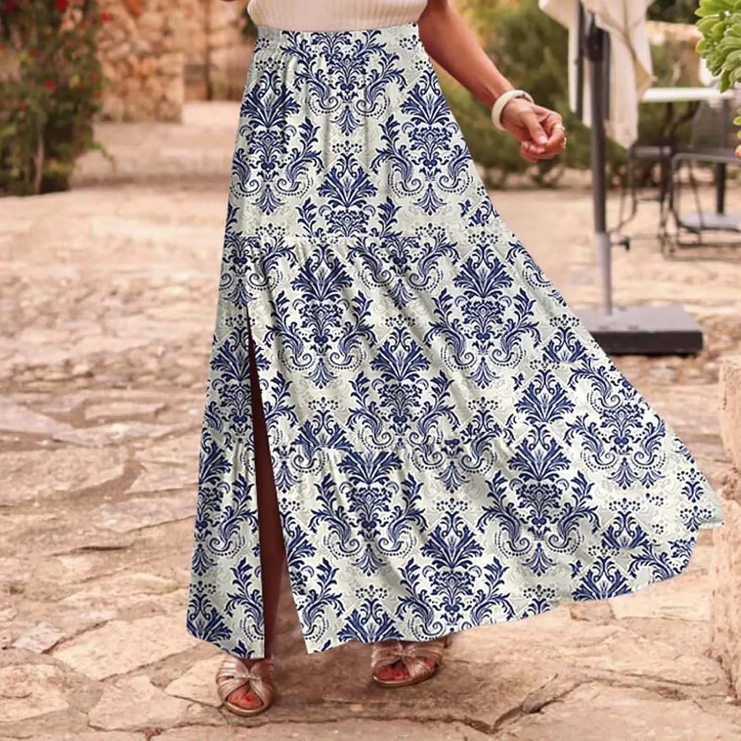 Womens Boho Skirts Summer Split Maxi Skirt Floral Print Bohemian Beach Elegant Tiered Ruffle Half Dress