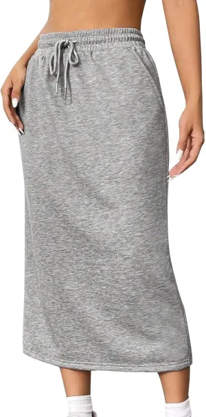Women's Casual High Waist Midi Skirt Summer Drawstring Athletic Skirt with Pockets Loose Business Office Work Skirts