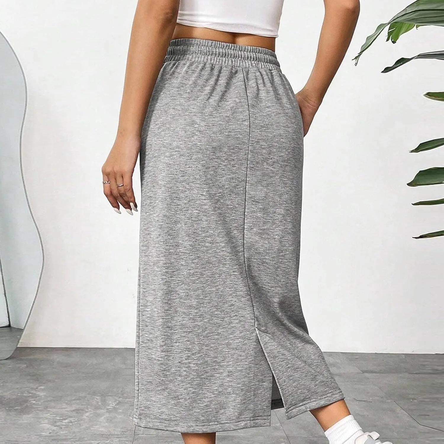 Women's Casual High Waist Midi Skirt Summer Drawstring Athletic Skirt with Pockets Loose Business Office Work Skirts