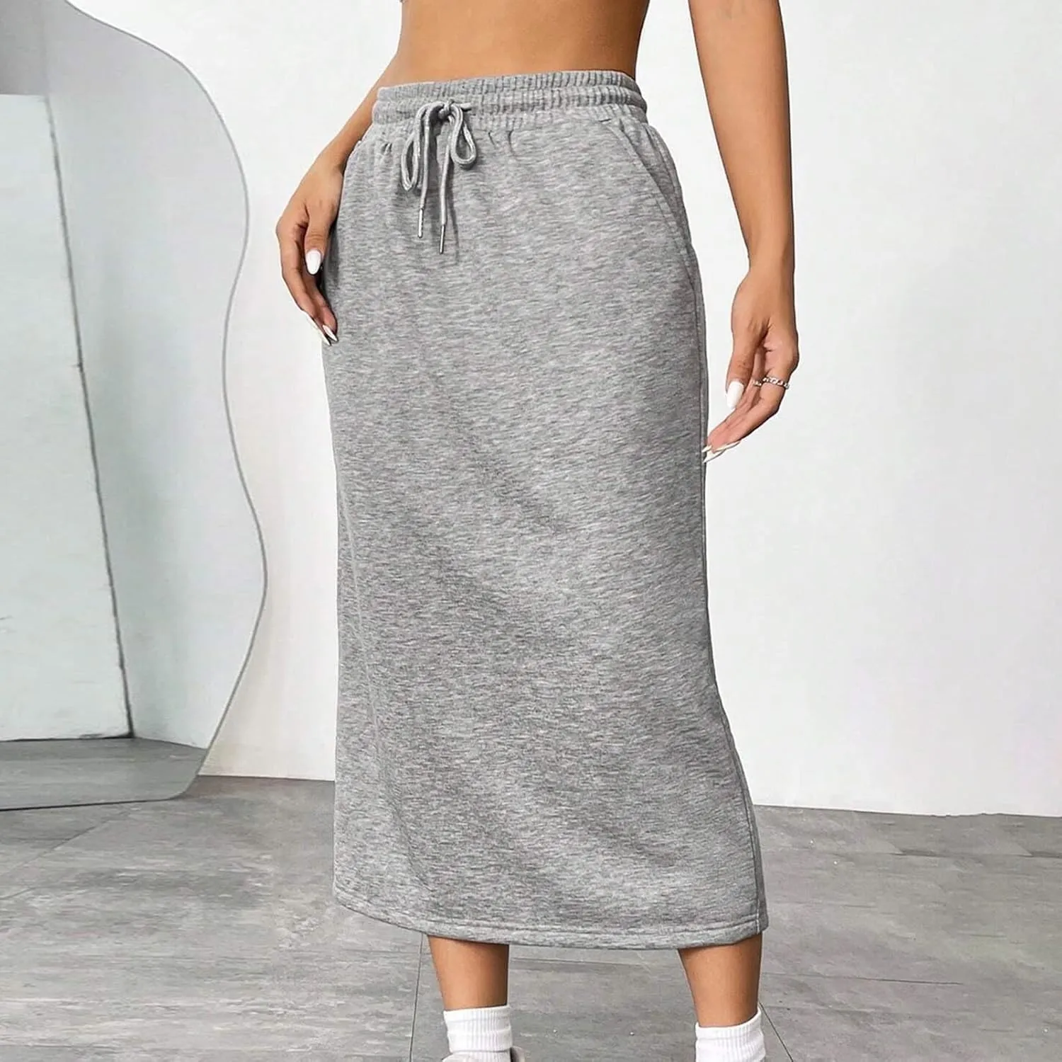 Women's Casual High Waist Midi Skirt Summer Drawstring Athletic Skirt with Pockets Loose Business Office Work Skirts