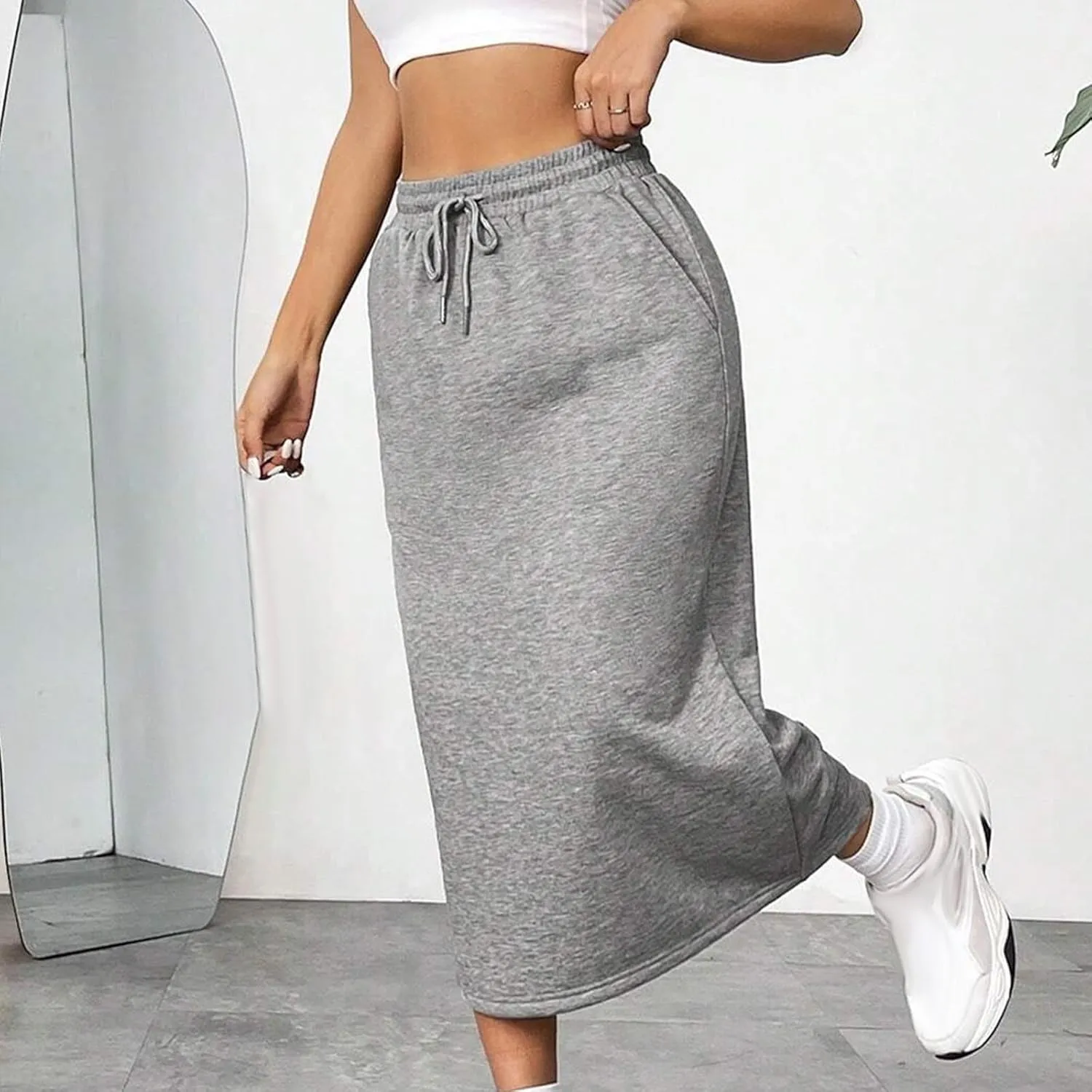 Women's Casual High Waist Midi Skirt Summer Drawstring Athletic Skirt with Pockets Loose Business Office Work Skirts