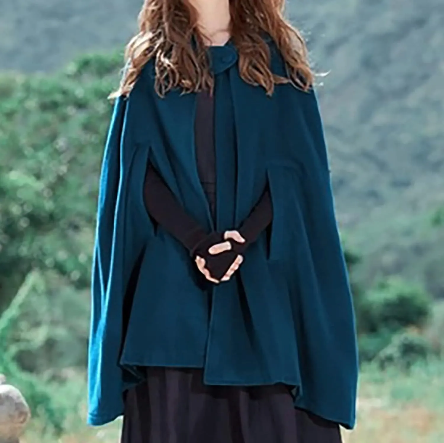 Women's Cloak Hood Wool-Blend Cape Coat Winter Cardigans Plus Size Thick Coat Solid/Classic Scotland Plaid Jackets