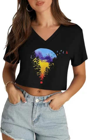 Womens Crop Tops Summer Baisc Tees V Neck T Shirts Casual Short Sleeve Cropped Top