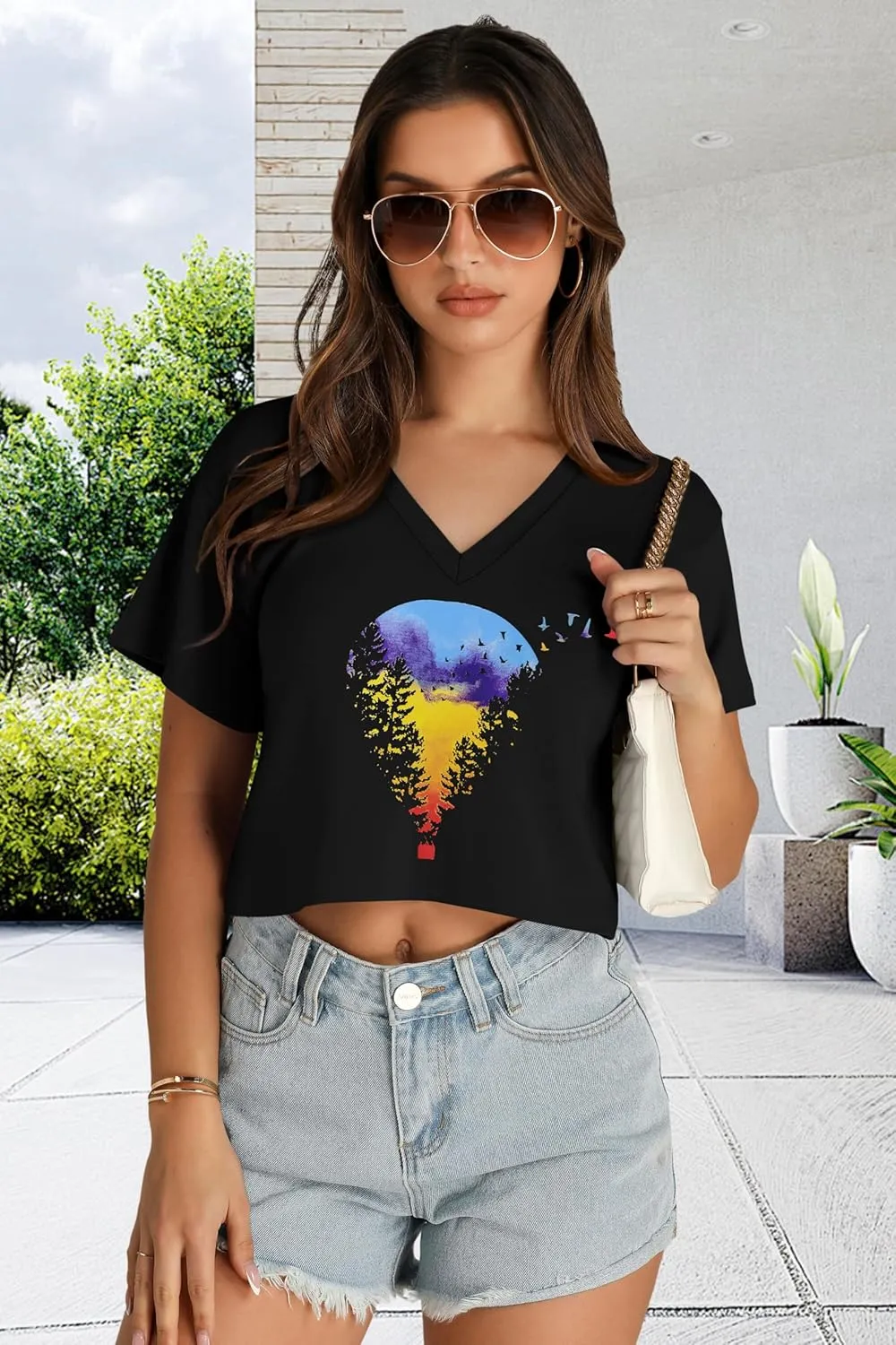 Womens Crop Tops Summer Baisc Tees V Neck T Shirts Casual Short Sleeve Cropped Top