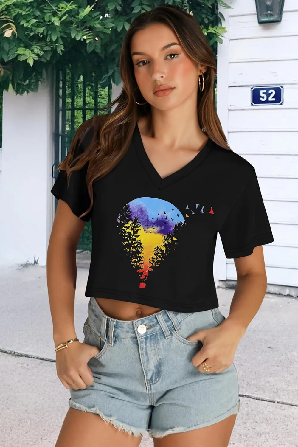 Womens Crop Tops Summer Baisc Tees V Neck T Shirts Casual Short Sleeve Cropped Top