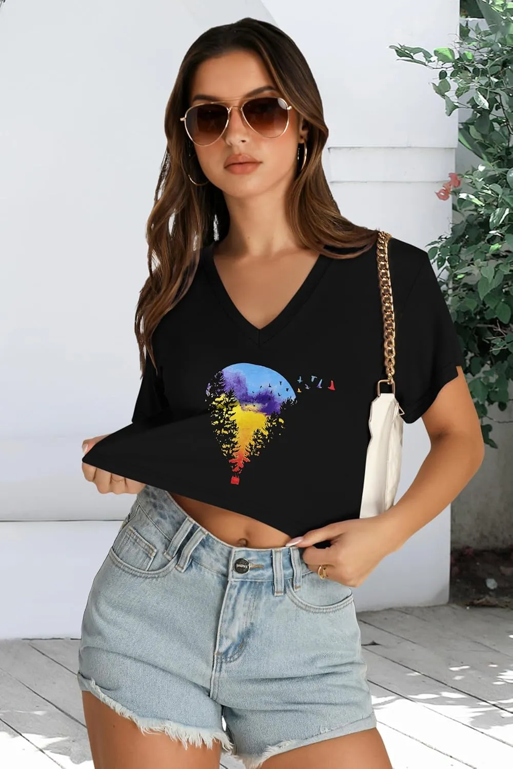 Womens Crop Tops Summer Baisc Tees V Neck T Shirts Casual Short Sleeve Cropped Top