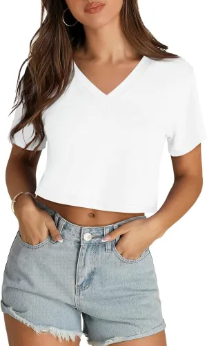 Womens Crop Tops Summer Baisc Tees V Neck T Shirts Casual Short Sleeve Cropped Top