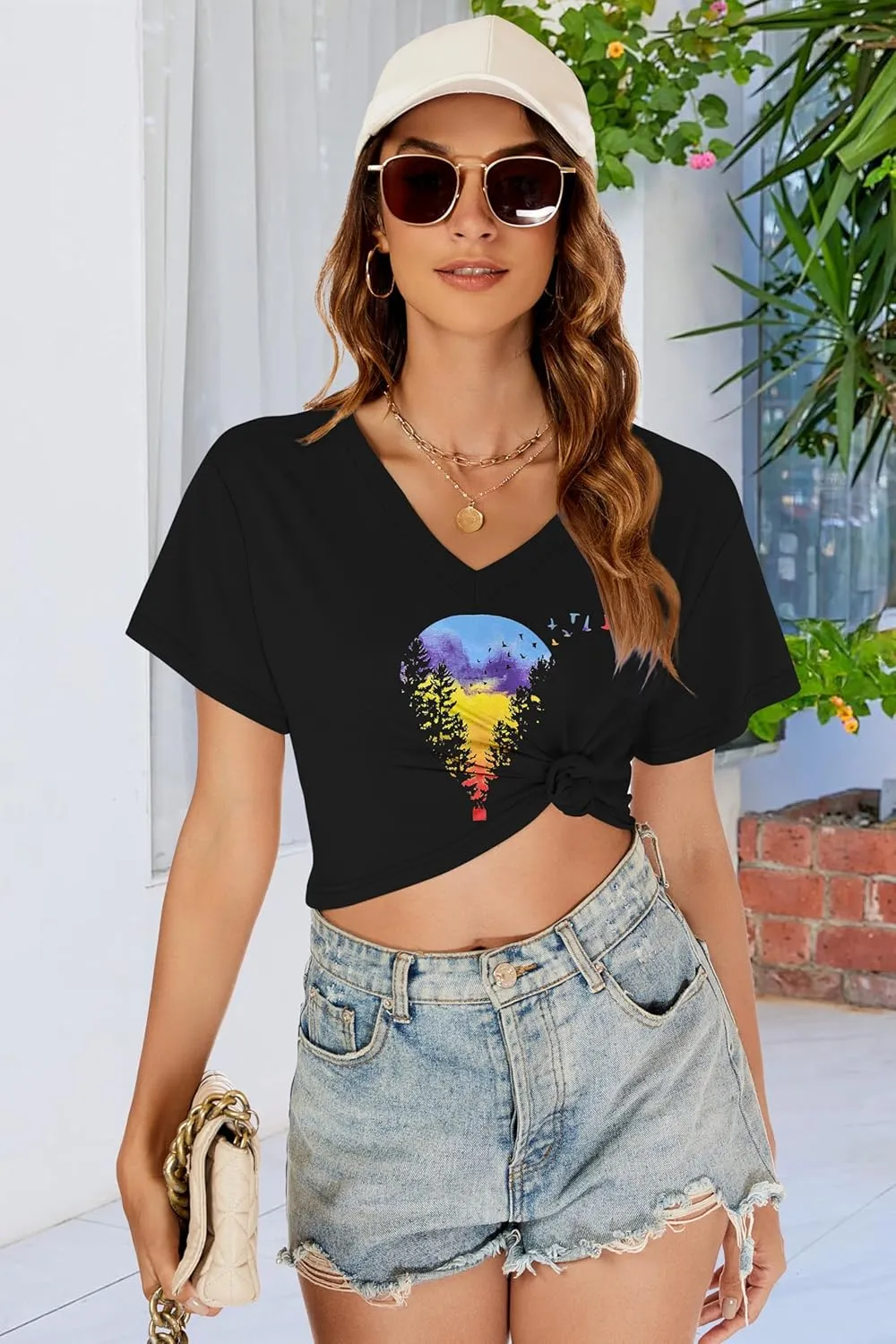 Womens Crop Tops Summer Baisc Tees V Neck T Shirts Casual Short Sleeve Cropped Top