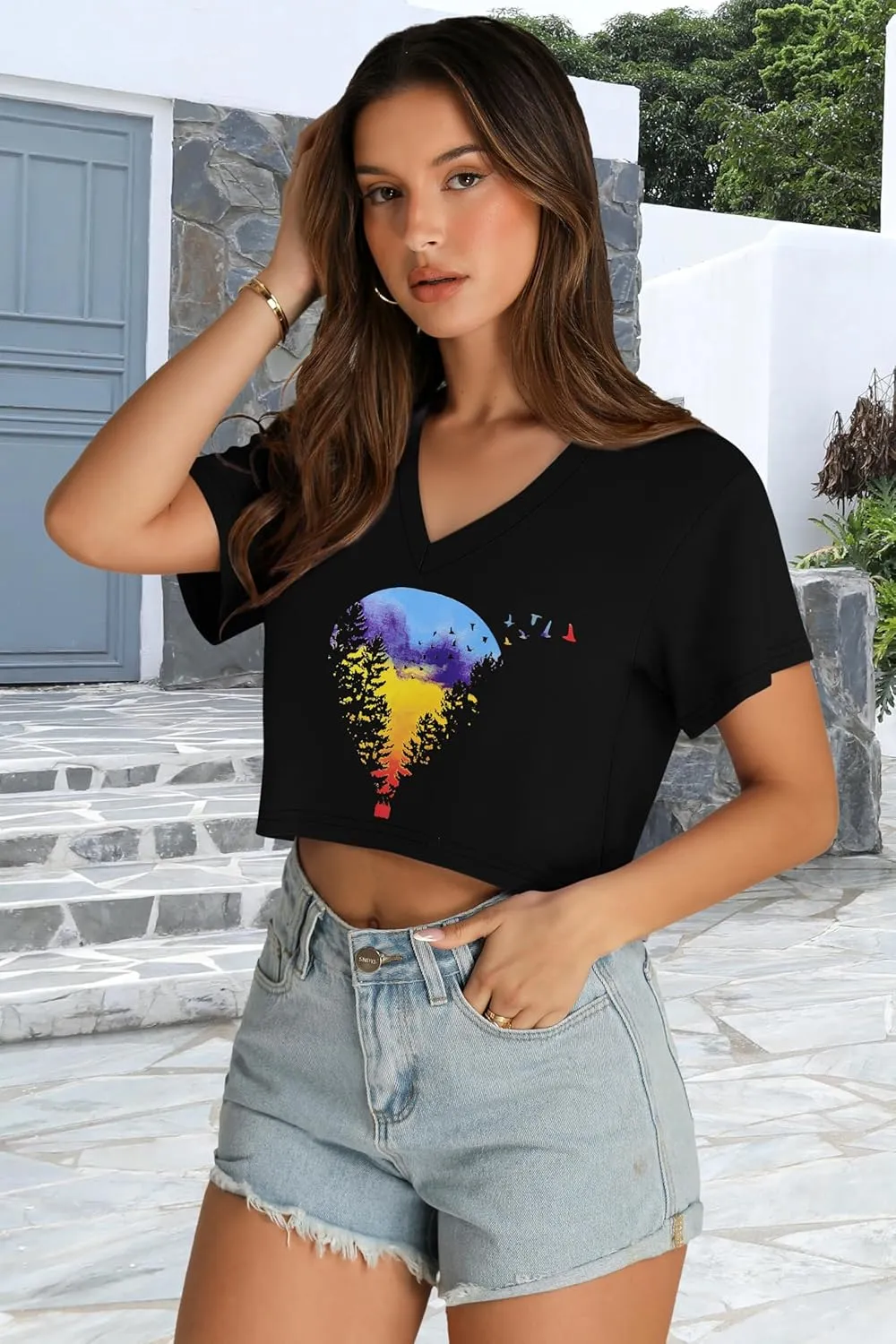 Womens Crop Tops Summer Baisc Tees V Neck T Shirts Casual Short Sleeve Cropped Top
