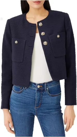 Women's Cropped Tweed Blazer Jacket Collarless Long Sleeve Button Down Work Office Jacket Casual Elegant Outfits