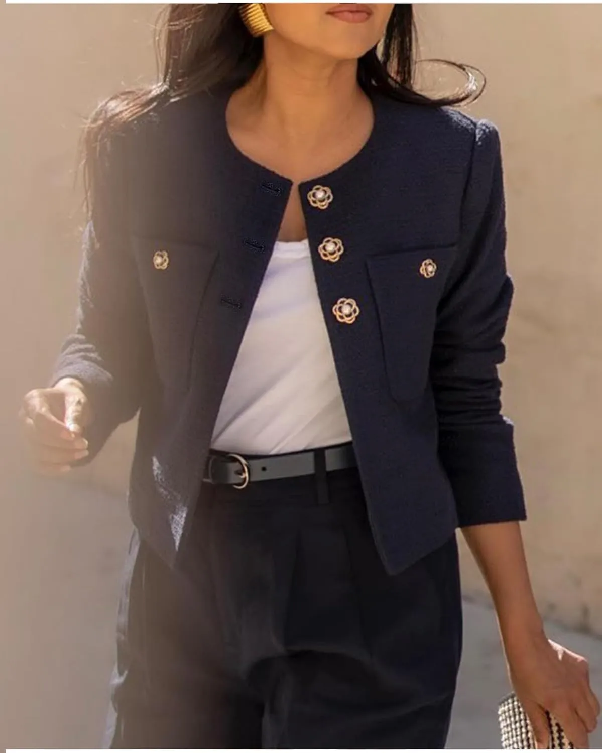 Women's Cropped Tweed Blazer Jacket Collarless Long Sleeve Button Down Work Office Jacket Casual Elegant Outfits
