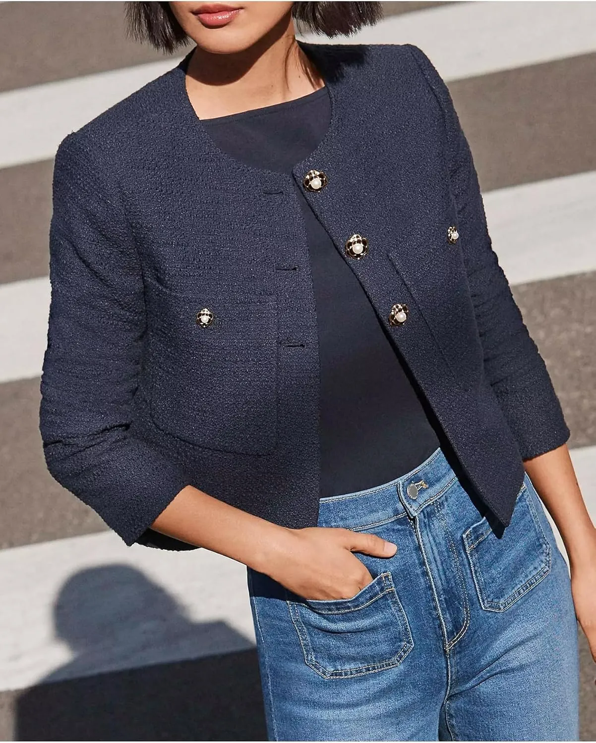 Women's Cropped Tweed Blazer Jacket Collarless Long Sleeve Button Down Work Office Jacket Casual Elegant Outfits