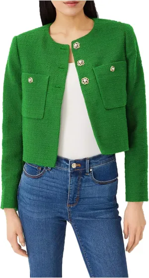 Women's Cropped Tweed Blazer Jacket Collarless Long Sleeve Button Down Work Office Jacket Casual Elegant Outfits