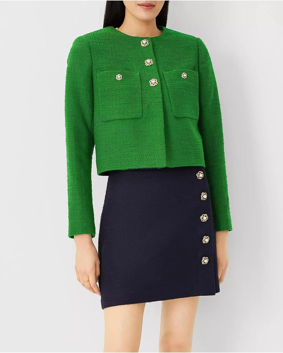 Women's Cropped Tweed Blazer Jacket Collarless Long Sleeve Button Down Work Office Jacket Casual Elegant Outfits