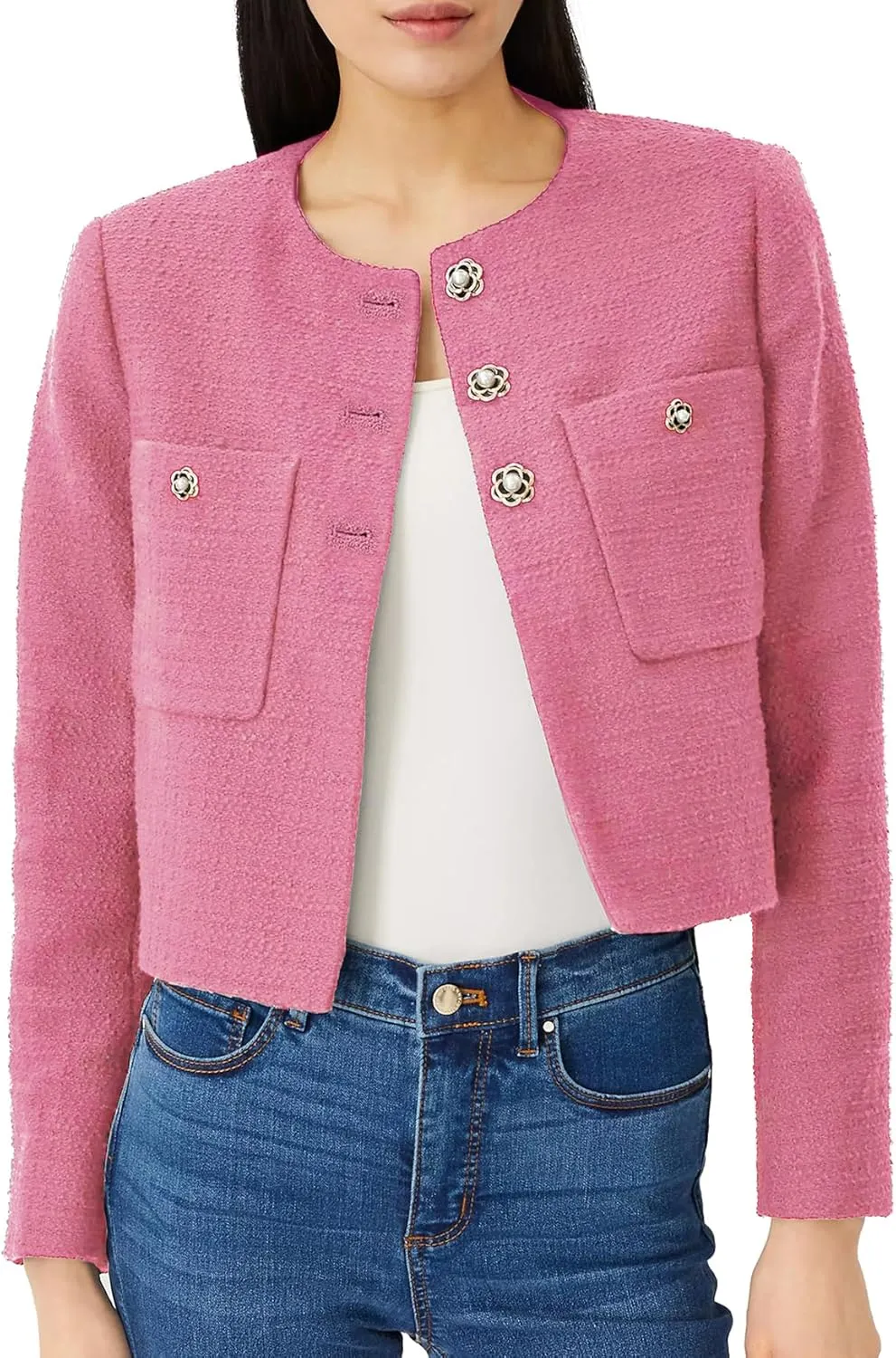 Women's Cropped Tweed Blazer Jacket Collarless Long Sleeve Button Down Work Office Jacket Casual Elegant Outfits